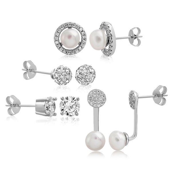 Aubrey Lee Cubic Zirconia and Simulated Pearl Ball Front To Back Stud and Jacket 4 Piece Earring Set in Rhodium Plated Brass