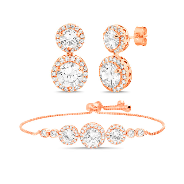 Lesa Michele Halo Trio Design Slider Bracelet and Matching Drop Earring Set in Rose Gold Plated Sterling Silver with Cubic Zirconia