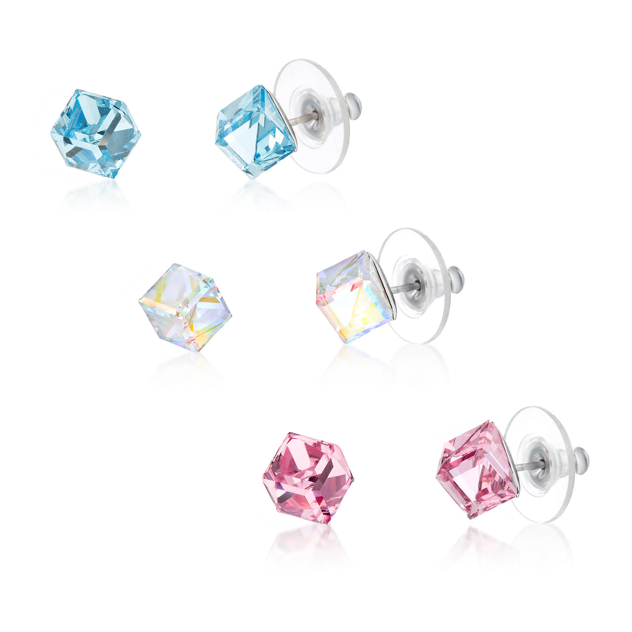3 pair Cube Earring Set for Women for Women in Stainless Steel made with Swarovski Crystals