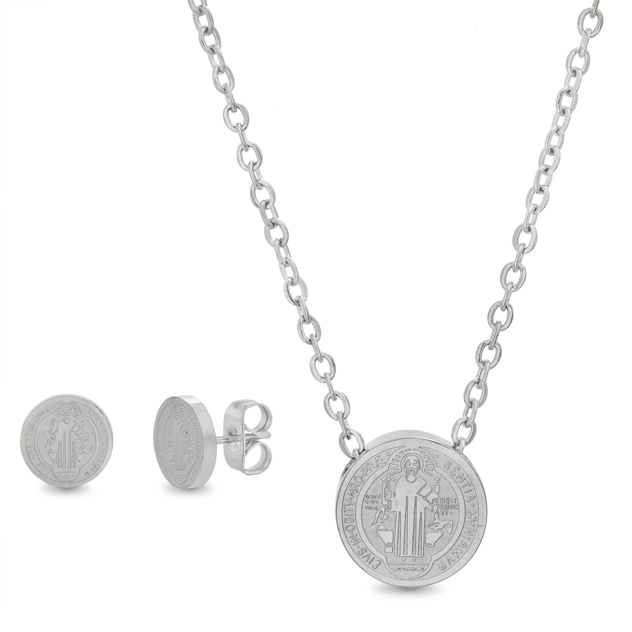 My Bible Stainless Steel Religious Medal Necklace and Earring Set