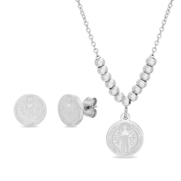 My Bible Stainless Steel Religious Medal St. Benedict Necklace and Earring Set