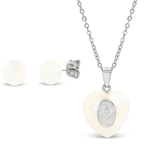 My Bible Stainless Steel Mother of Pearl Religious Medal Necklace and Earring Set