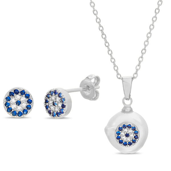 Lesa Michele Freshwater Pearl Crystal Evil Eye Earrings and Necklace Set in Stainless Steel