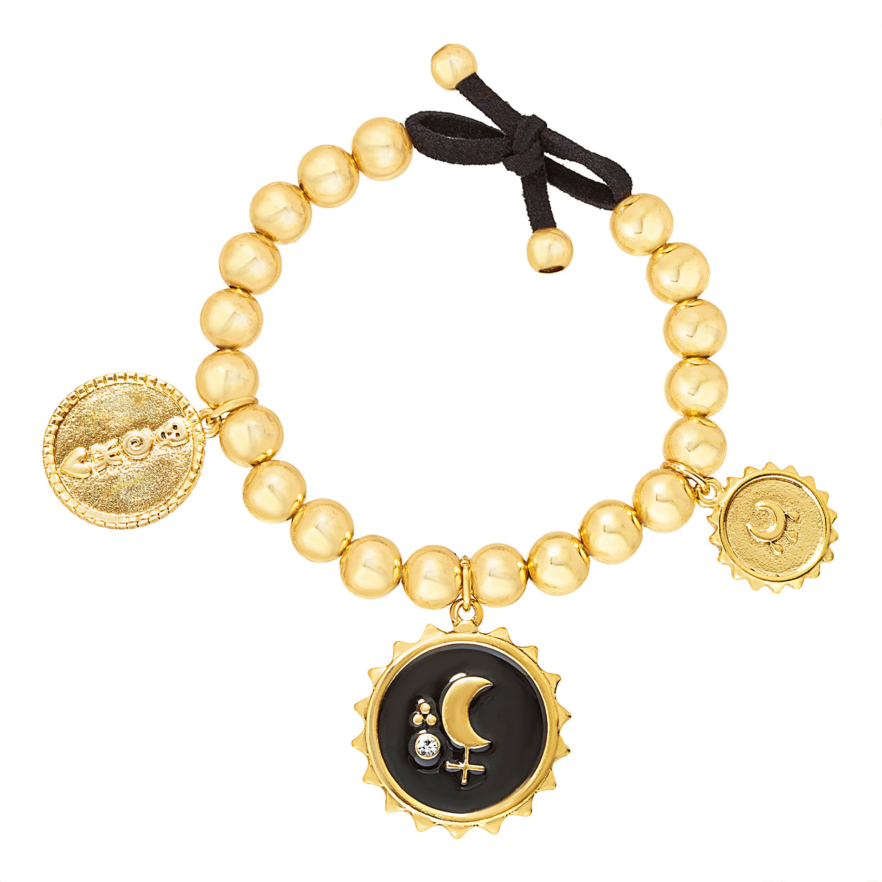 Steve Madden Yellow Gold Tone Beaded Bracelet with Black Moon Charm for Women