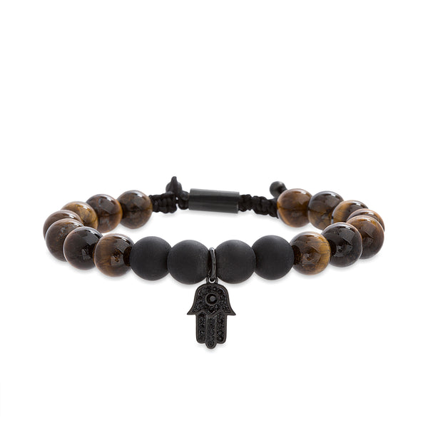 Steve Madden Tiger's Eye Beaded Crystal Hamsa Charm Slider Bracelet in Black IP Plated Stainless Steel
