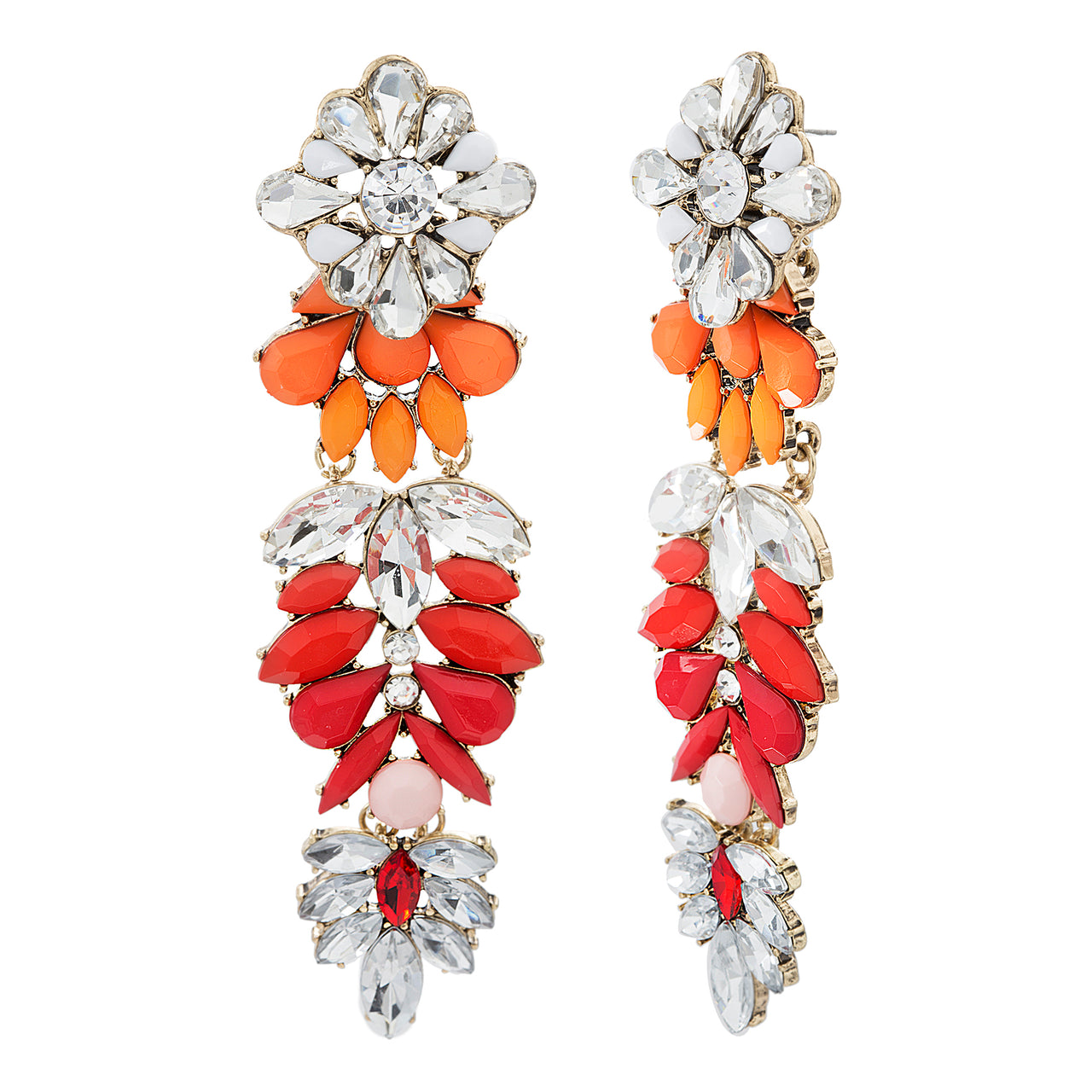 Steve Madden Orange/Red Rhinestone Flower Dangle Earrings