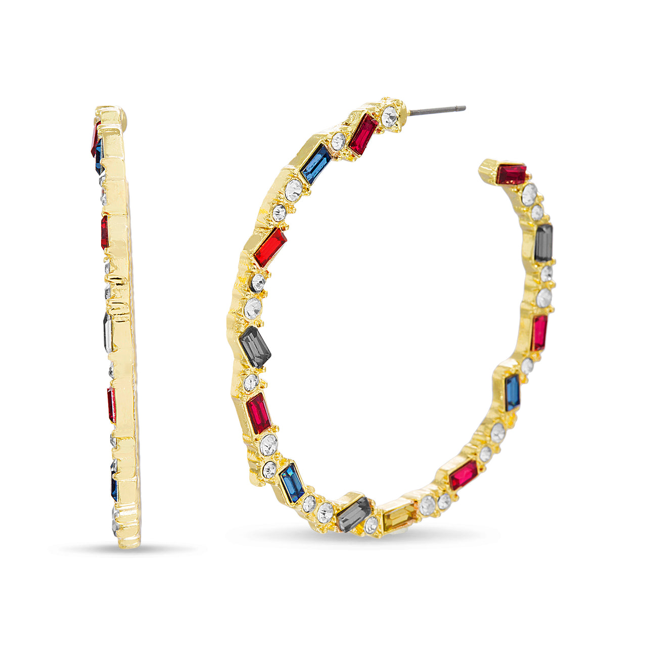 Steve Madden Multi-Colored Round and Baguette Rhinestone Yellow Gold-Tone Hoop Earrings