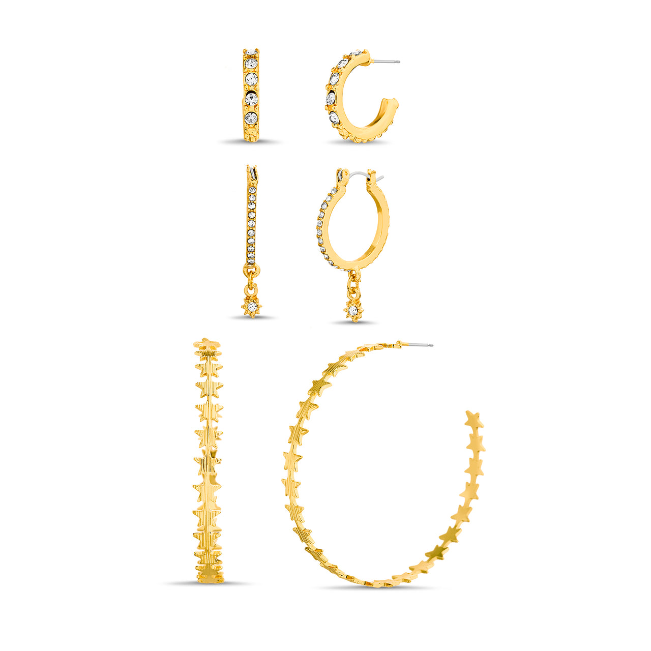 Steve Madden Yellow Gold-Tone 3 Pair Star Design Hoop and Dangle Earrings