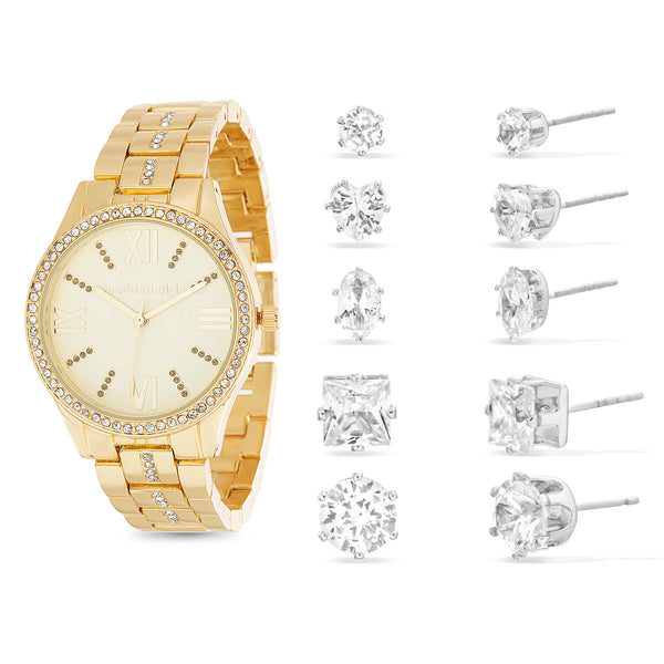 Steve Madden Yellow Gold-Tone Watch and 5 Pair Stud Earring Set