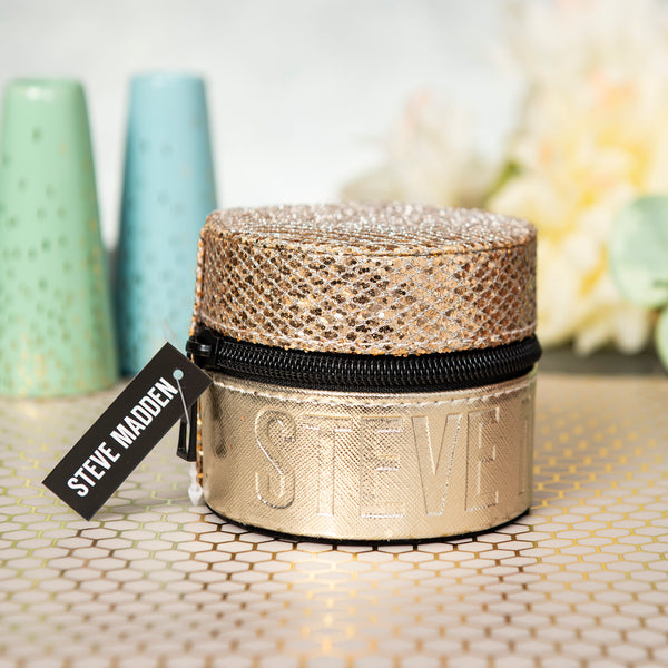 Steve Madden Round Shaped Jewelry Box Organizer with Velvet Inner Layer Outer Glitter Finish and Zipper Closure