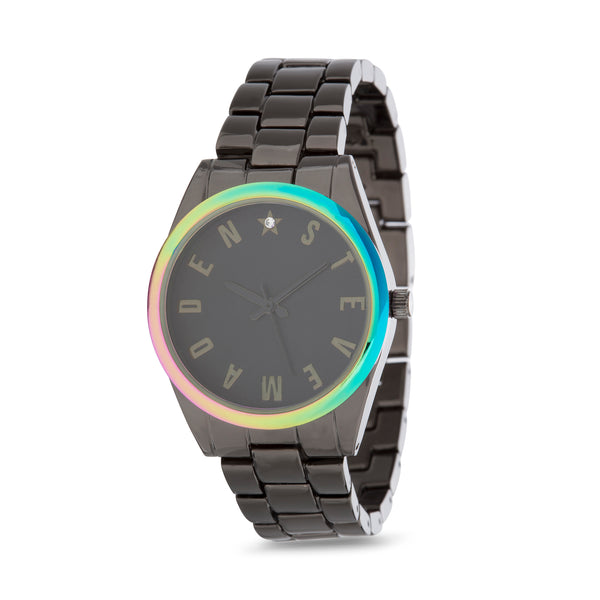 Steve Madden Black Case Rainbow Bezel Link Chain Watch