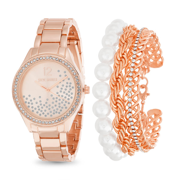 Steve Madden Rose Gold Plated Watch and Bracelet Set for Women
