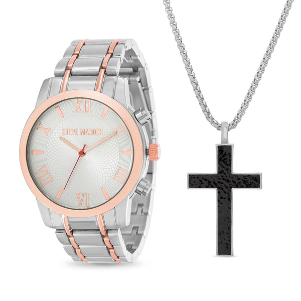 Steve Madden Pink Case Watch and Black Cross Necklace Set