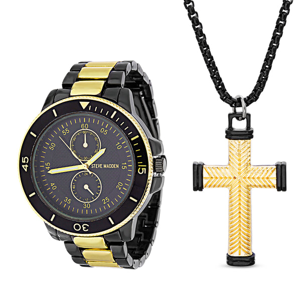 Steve Madden Men's Gun Metal Watch with Cross Necklace Set