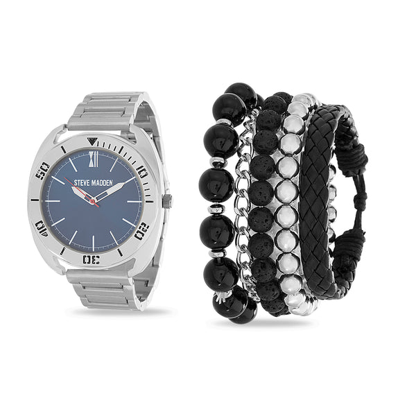 Steve Madden Men's Silver Plated Watch with Multi Bracelets Set