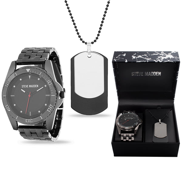 Steve Madden Mens Watch and Dog Tag Necklace Set