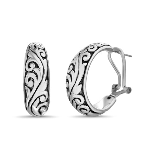 Willowbird Oxidized Sterling Silver Floral Design Hoop Earrings