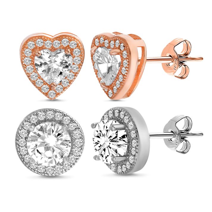 Lesa Michele Simulated Morganite & Cubic Zirconia 2 Pair Halo Stud Earrings Set in Rose Gold Plated Sterling Silver